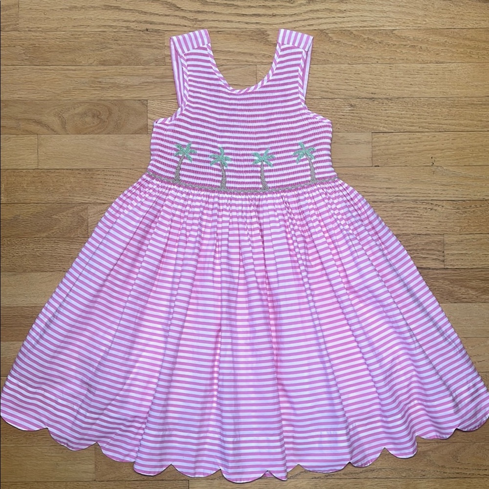 EUC Hand Smocked Palm Tree Scalloped Hem Heirloom Vacation Dress